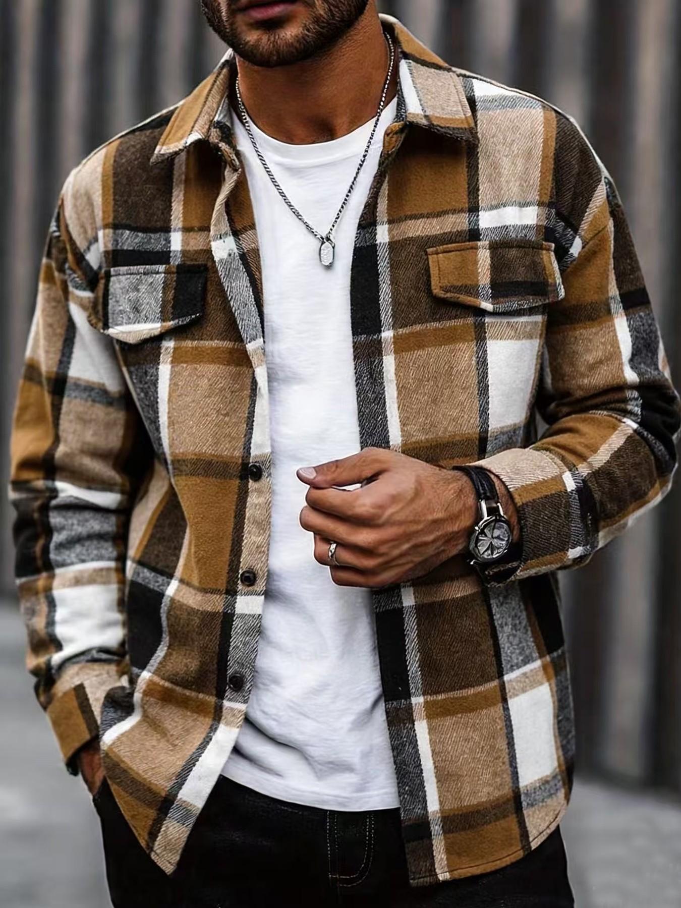 Flannel Shirt Lined - Camisa xadrez retrô masculina casual elegante
